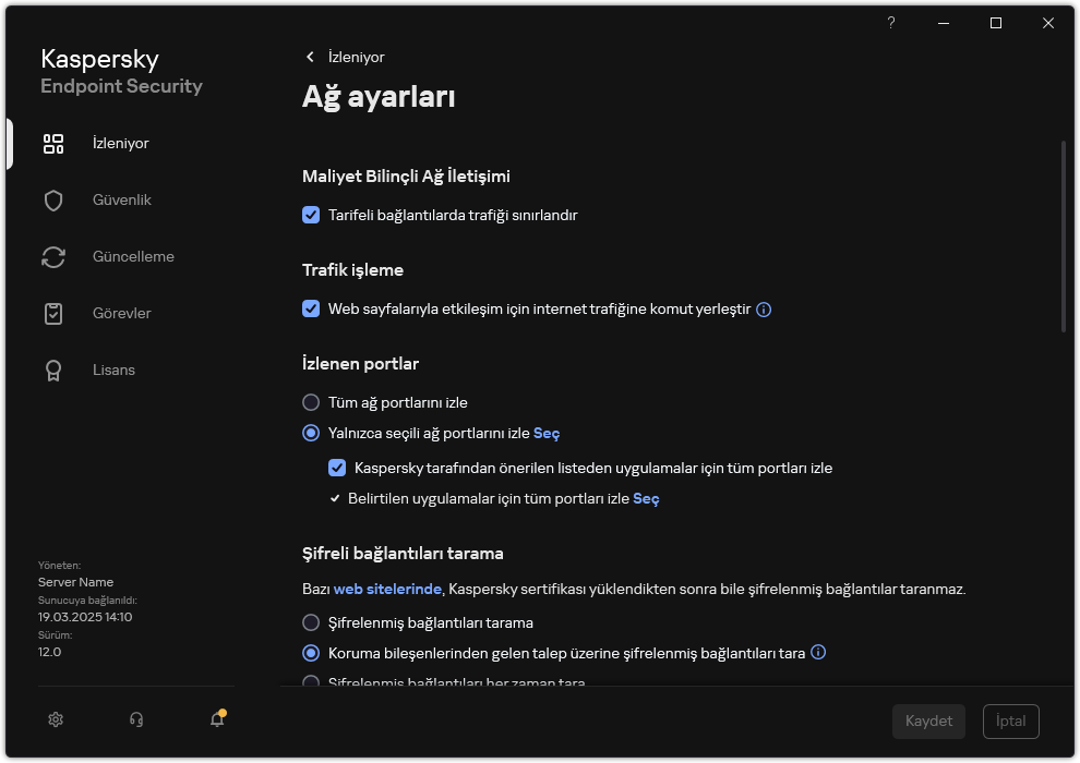 Uygulama ağ ayarları penceresi.