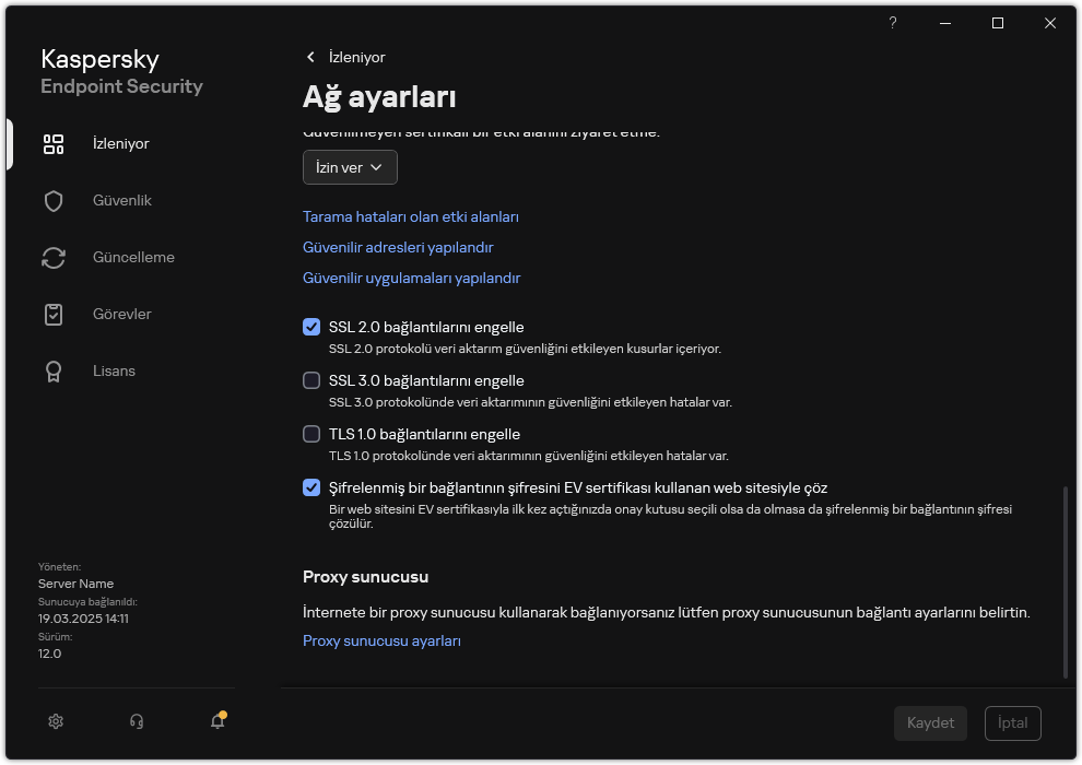 Uygulama ağ ayarları penceresi.