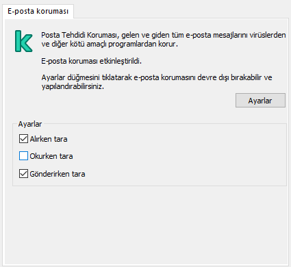 Outlook penceresi için Kaspersky uzantısı. Kullanıcı, alındığında, okunduğunda veya gönderildiğinde taranacak mesajları yapılandırabilir.