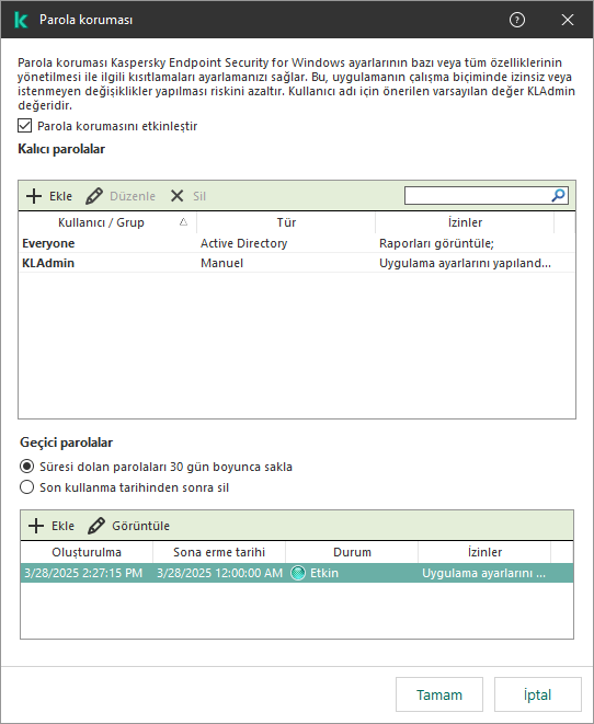 Geçici parolaların yönetimi penceresi.