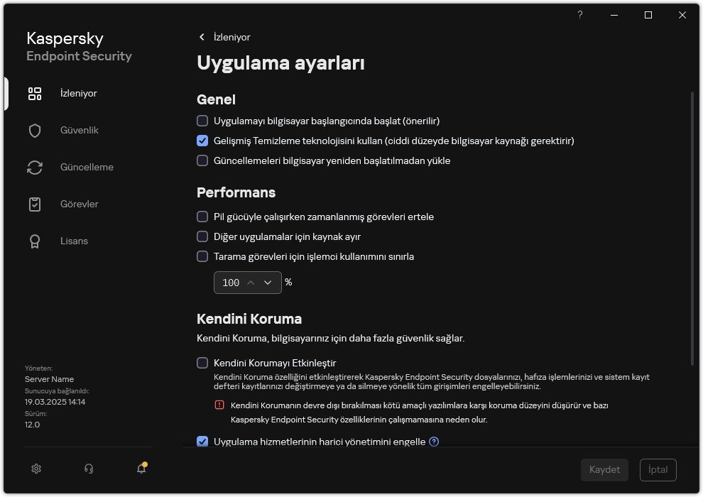 Uygulama ayarları penceresi. Kullanıcı performans, kendini savunma ve diğer ayarları yapılandırabilir.