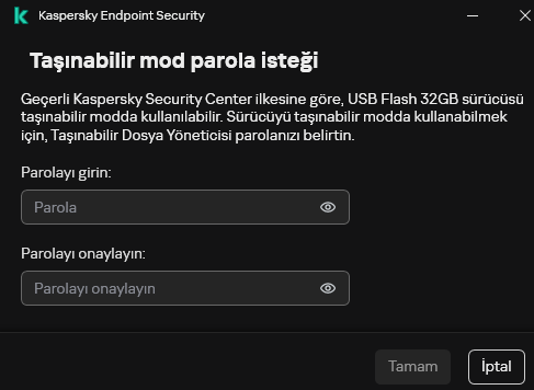 Pencere, parolanın girilmesi ve onaylanması için alanlar içerir.