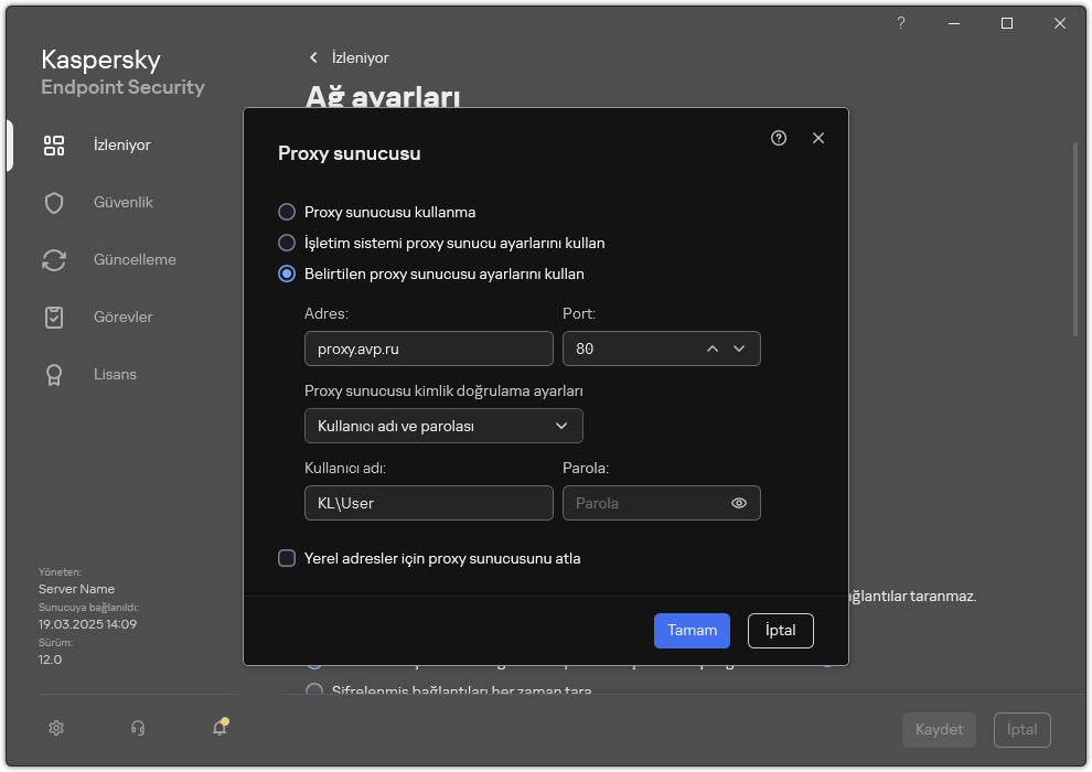 Proxy sunucusu bağlantısını yapılandırma penceresi. Kullanıcı, proxy sunucusunun adresini ve proxy sunucusuna bağlanmak için kimlik bilgilerini ayarlayabilir.