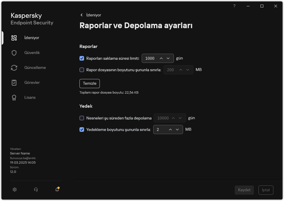 Raporlar ve Depolama ayarları penceresi. Kullanıcı, depodaki raporların ve nesnelerin boyutunu ayarlayabilir ve saklama süresini sınırlayabilir.