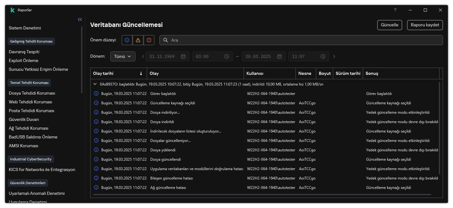 Rapordaki olayların listesini içeren bir pencere. Kullanıcı olayları filtreleyebilir/sıralayabilir ve raporları bir dosyaya kaydedebilir.