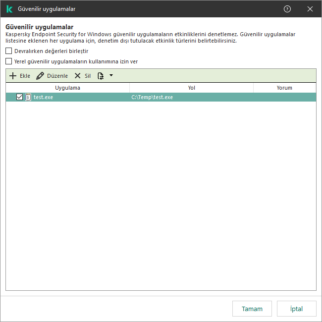 Güvenilir uygulamaların listesini içeren bir pencere. Kullanıcı, güvenilir bir uygulamayı ekleyebilir, düzenleyebilir veya kaldırabilir.