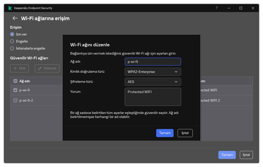 Pencere, güvenilir Wi-Fi ağının ayarlarını içerir.