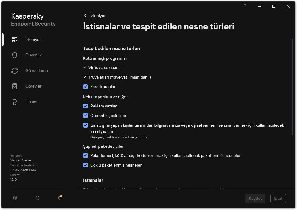 İstisna ayarları penceresi. Kullanıcı, algılanan nesne türlerini seçebilir ve nesneleri istisnalara ekleyebilir.