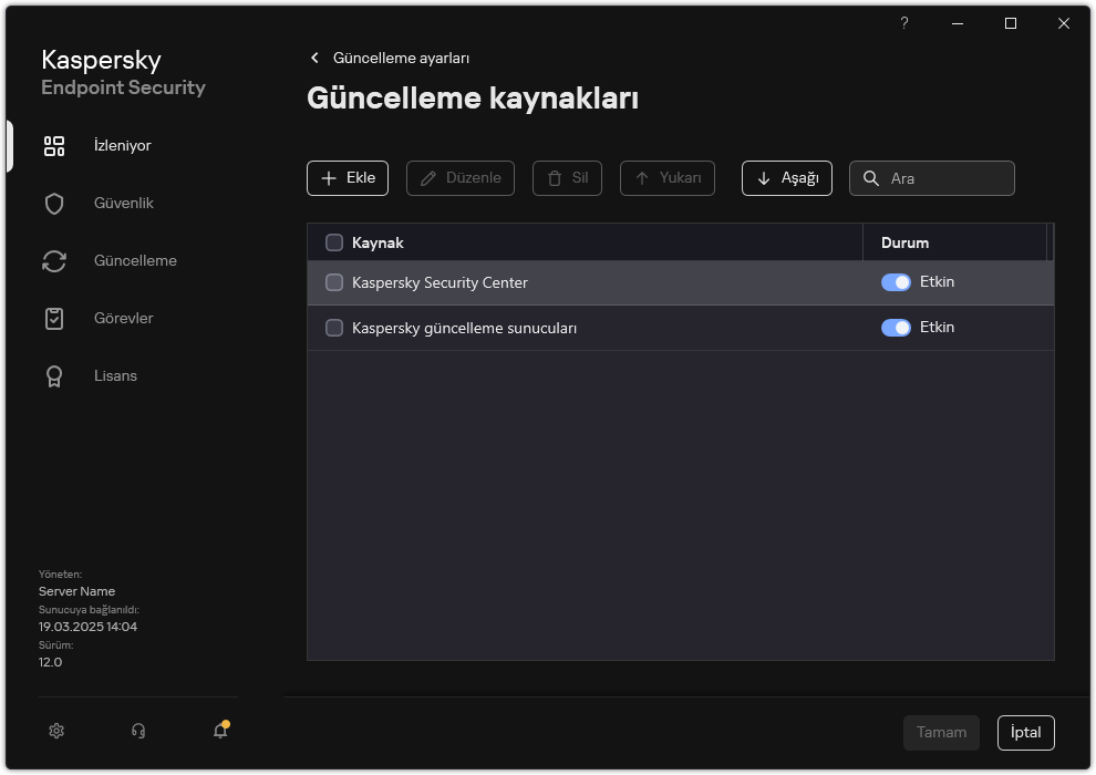 Güncelleme kaynaklarının listesini içeren bir pencere. Kullanıcı güncelleme kaynakları ekleyebilir ve kaynağa bir öncelik atayabilir.
