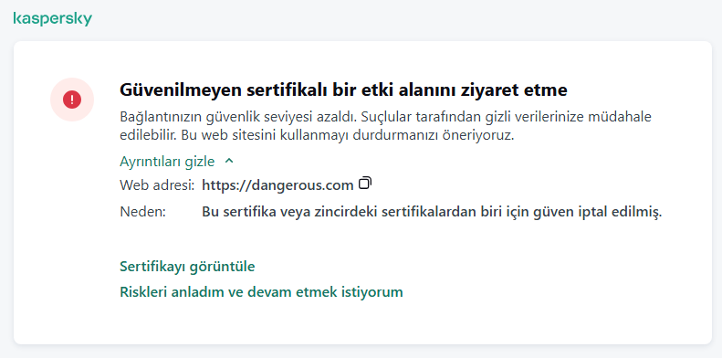 Tarayıcı penceresinde güvenilmeyen bir sertifikaya sahip bir etki alanının ziyaret edilmesiyle ilgili Kaspersky bildirimi. Kullanıcı çalışmaya devam edebilir.