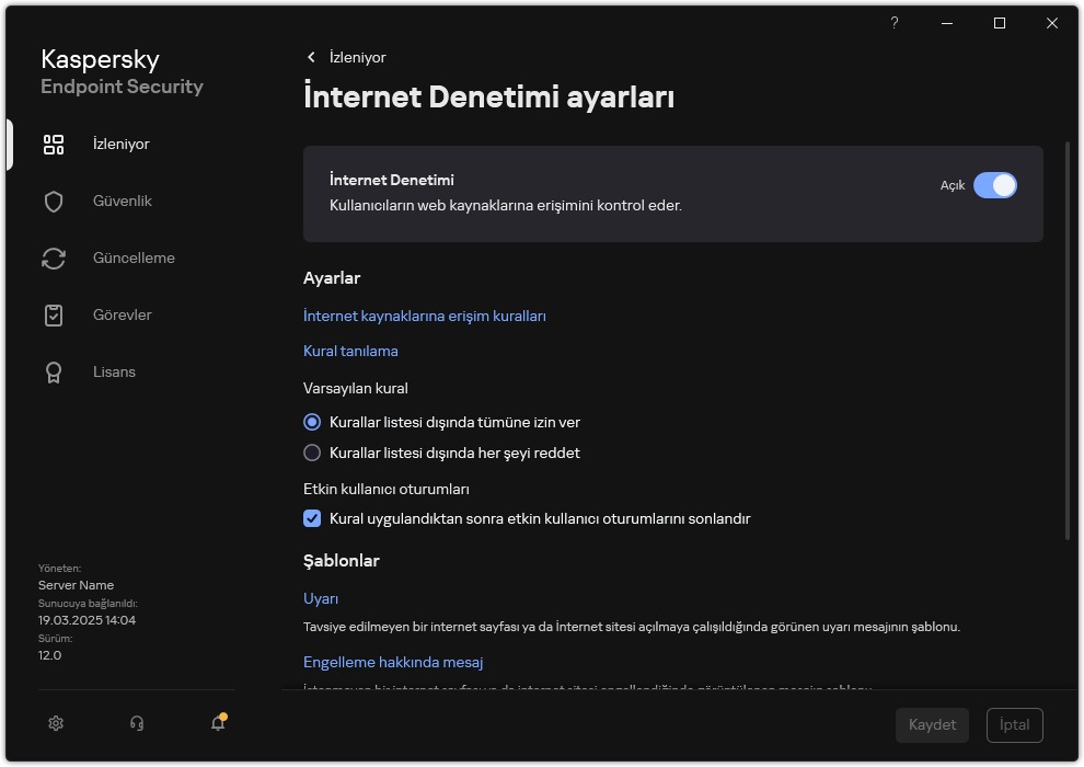 İnternet Denetimi ayarları penceresi.