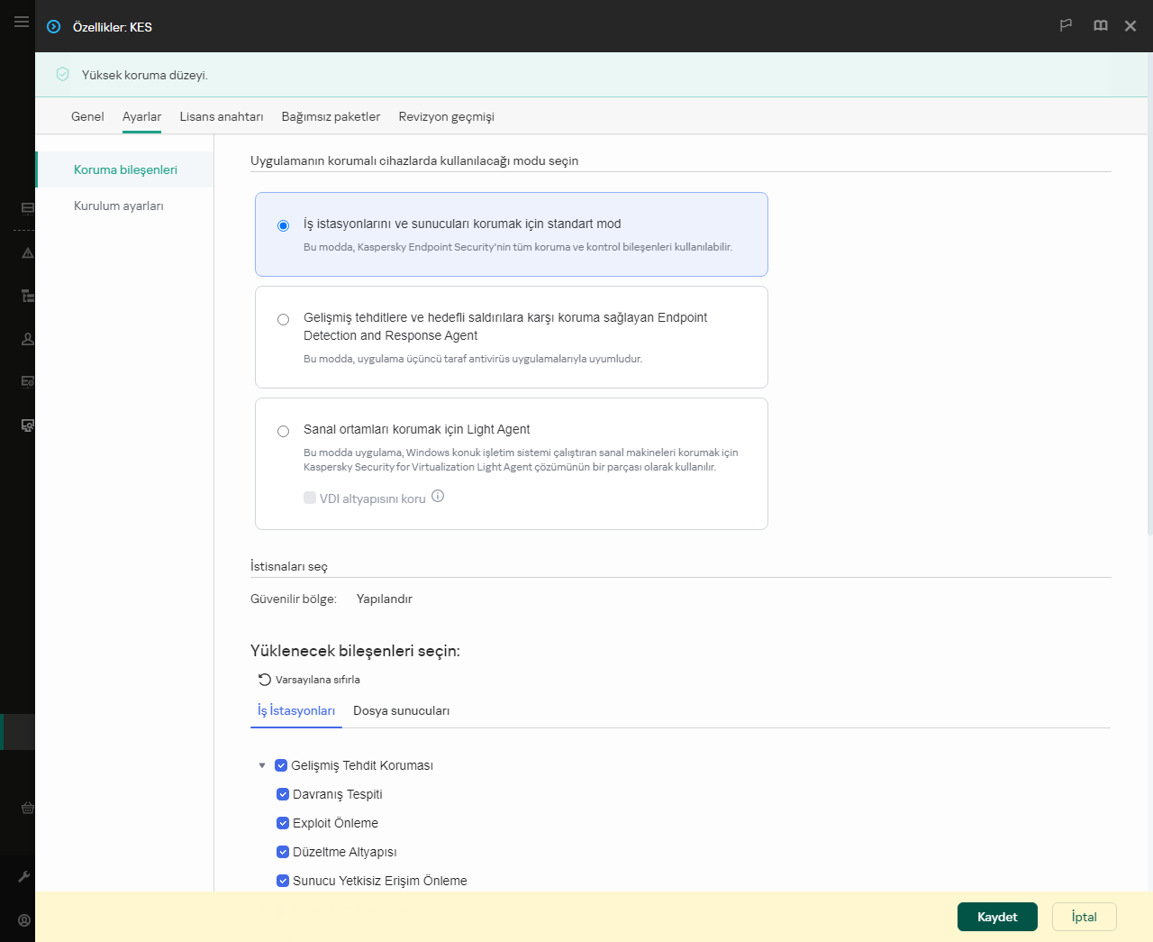 Kurulum paketi özellikleri penceresi. Hangi uygulama bileşenlerini dahil etmek istediğinizi seçebilirsiniz.