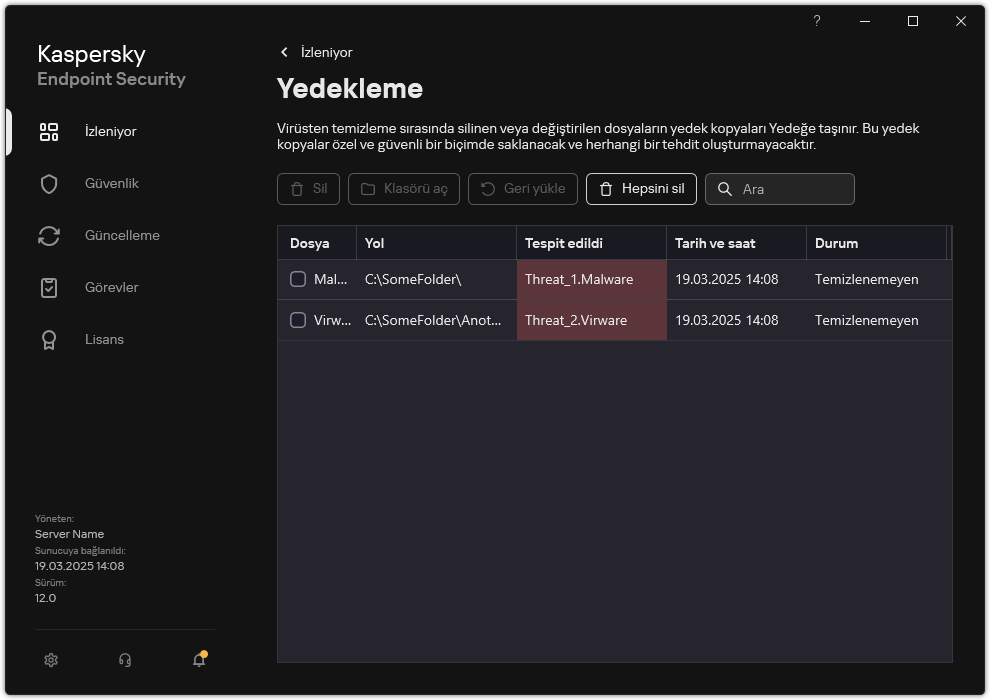 Yedekleme penceresi.