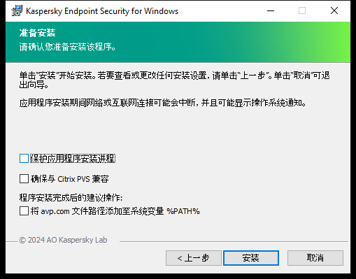 安装设置窗口:安装保护、与 Citrix PVS 的兼容性、avp.com 的系统变量。