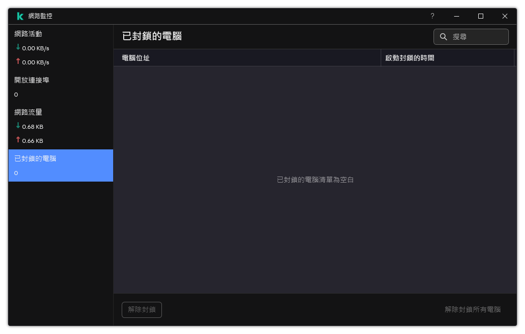 帶有被封鎖電腦清單的網路監控視窗。您可以取消封鎖個別電腦或所有電腦。