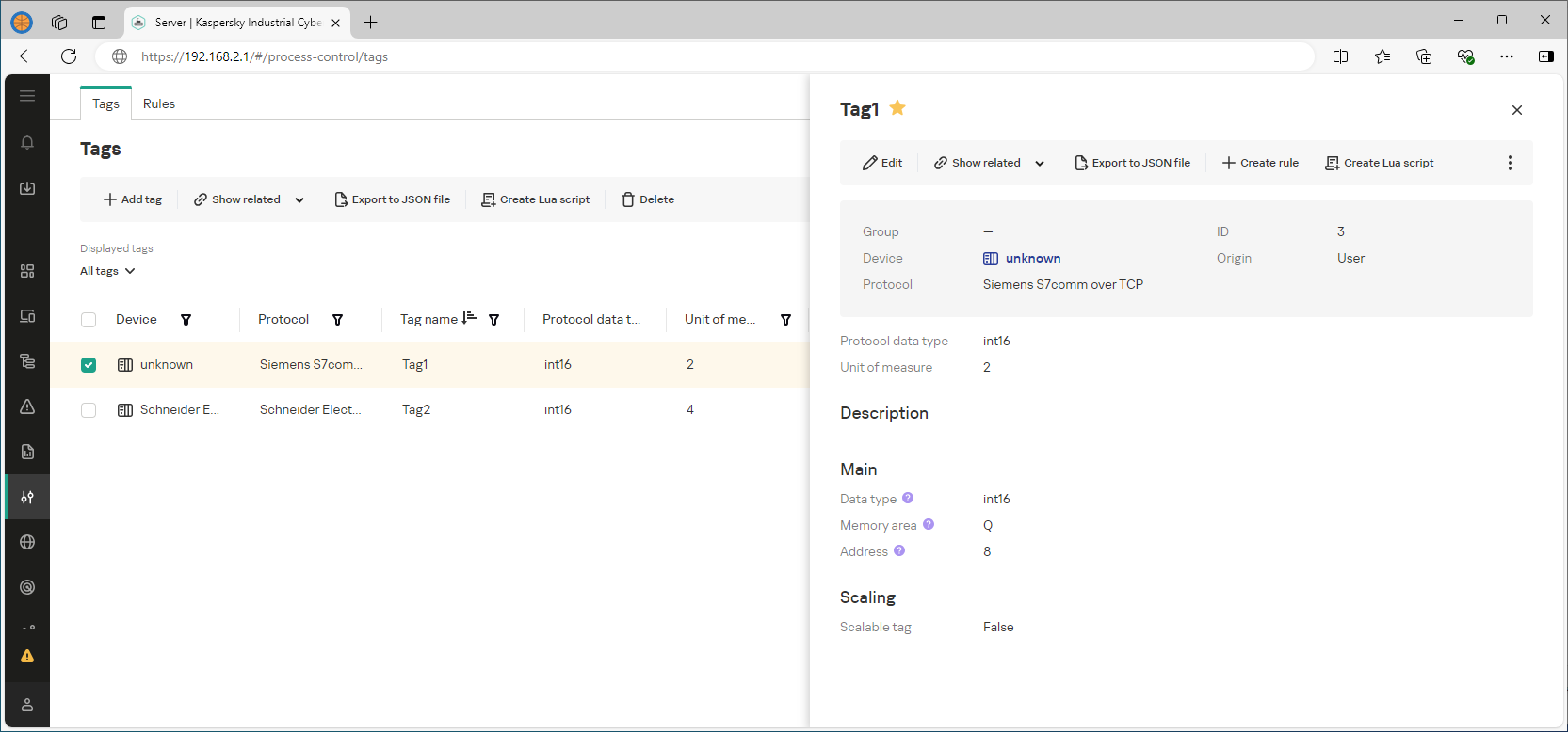 Example of the displayed elements and data in the web interface section.