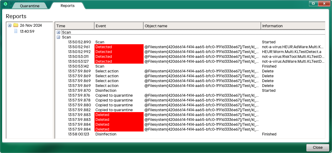 Application performance report window.