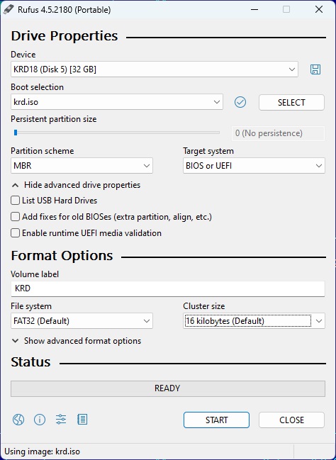 Boot disk creation settings window in Rufus