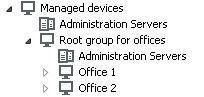 A Managed devices node includes the Root group for offices folder that contains Administration Servers, and groups Office 1 and Office 2.