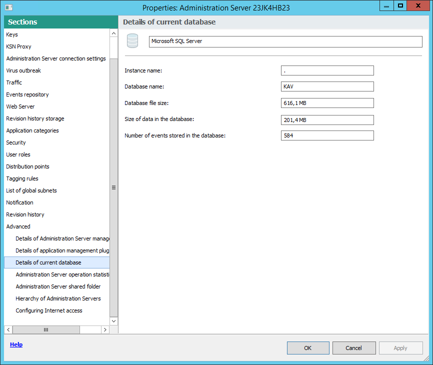 The Details of current database section contains the following information: the Instance name, the Database name, the Database file size, the Size of data in the database, and the Number of events stored in the database.