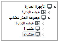 تتضمن عقدة أجهزة مُدارة مجموعة الجذر لمجلد المكاتب الذي يحتوي على الخوادم ومجموعتي Office 1 وOffice 2.