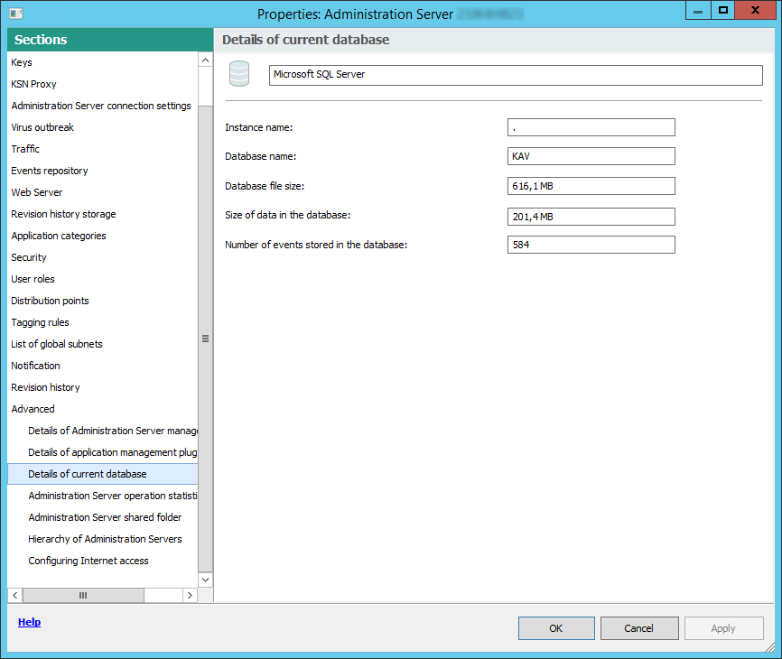 The section contains the Instance name, the Database name and file size, Size of data and Number of events in the database.