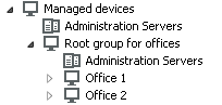 A Managed devices node includes the Root group for offices folder with Servers and groups Office 1 and Office 2.