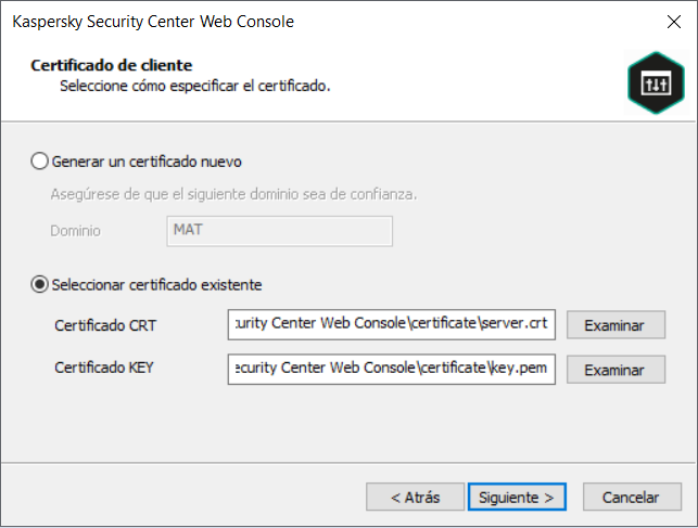 Se selecciona Elegir certificado existente, se especifican las rutas de acceso al certificado CRT y a los archivos de certificado KEY.
