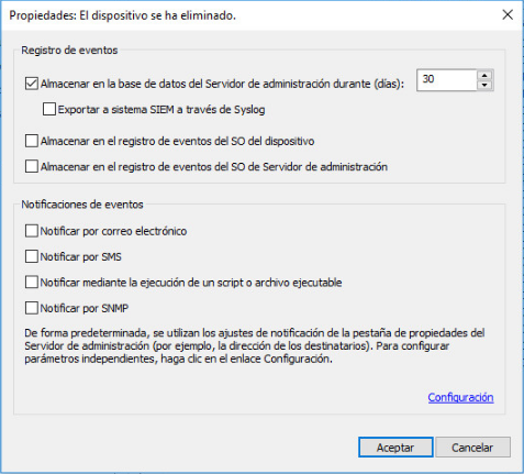 Selección de eventos para exportar en formato Syslog.