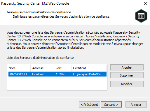 La page des Serveurs d'administration de confiance.