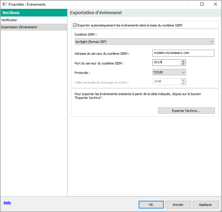 Dans la section Exportation des événements, les paramètres d’exportation sont indiqués.