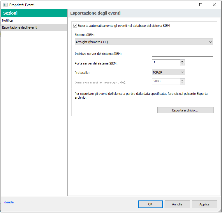 Nella sezione Esportazione eventi vengono specificate le impostazioni di esportazione.