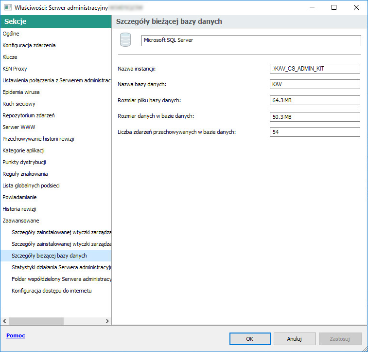 Sekcja zawiera nazwę instancji, nazwę bazy danych i rozmiar pliku, rozmiar danych i liczbę zdarzeń w bazie danych.