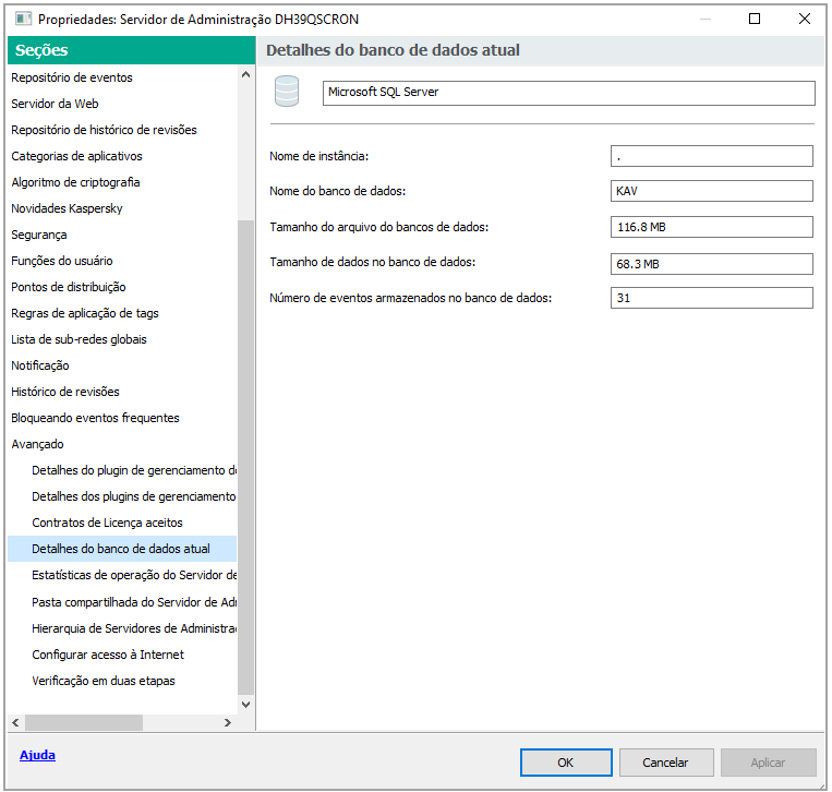 A seção contém o nome da instância, o nome do banco de dados e o tamanho do arquivo, o tamanho dos dados e o número de eventos no banco de dados.