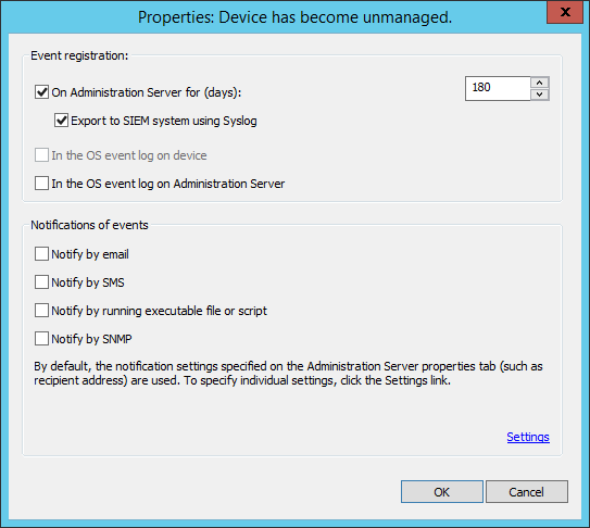 Selection of events for export in Syslog format.