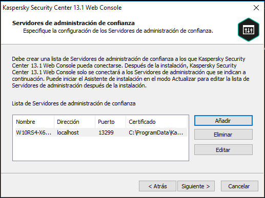 Instalador de Web Console: Servidores de administración