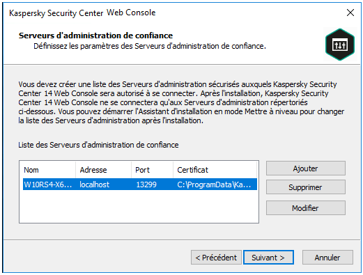 Installateur de la Web Console : Serveurs d'administration