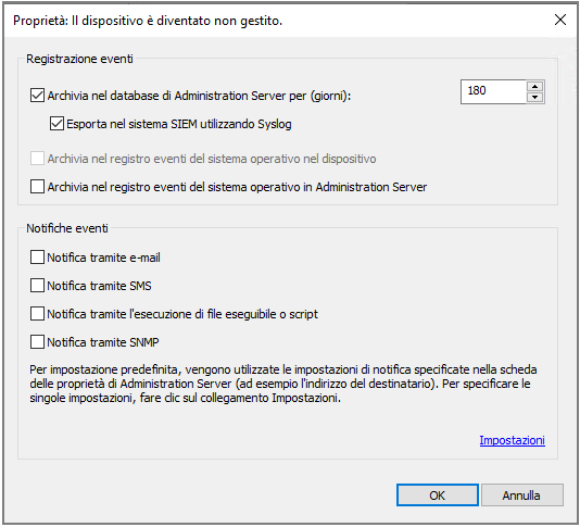 Selezione di eventi per l'esportazione nel formato Syslog.