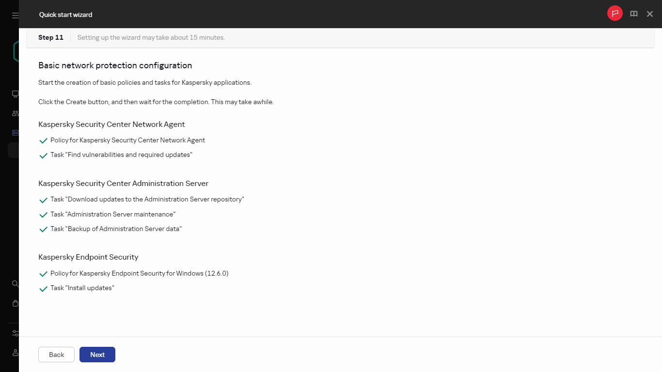 خطوة إنشاء المهام والسياسات في معالج البدء السريع.