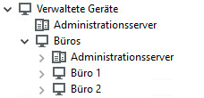 Ein Knoten mit verwalteten Geräten enthält den Ordner "Büro-Stammgruppe", welcher neben Servern die Gruppen "Büro 1" und "Büro 2" enthält.