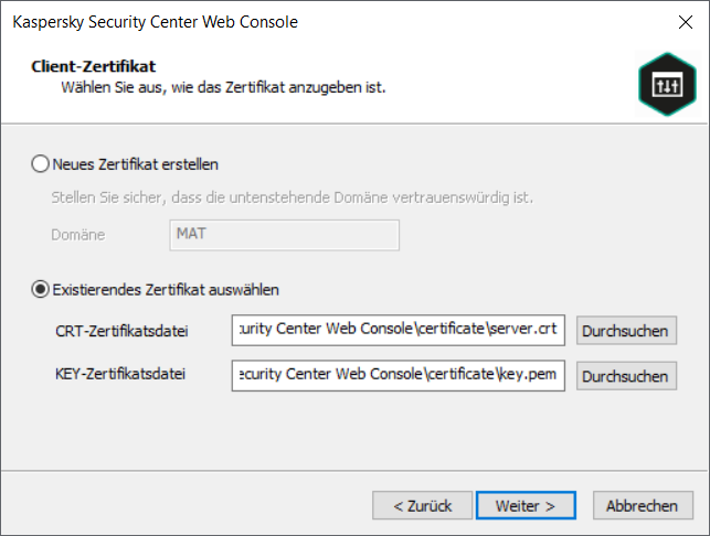 Die Option "Vorhandenes Zertifikat auswählen" ist aktiviert und die Pfade zum CRT-Zertifikat und den KEY-Zertifikatsdateien sind angegeben.