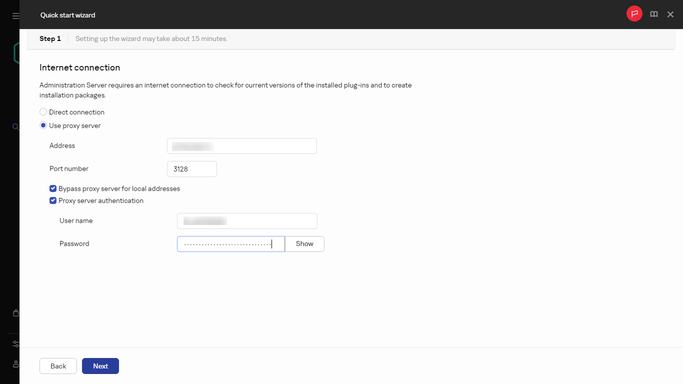 The Internet connection step of Quick start wizard.