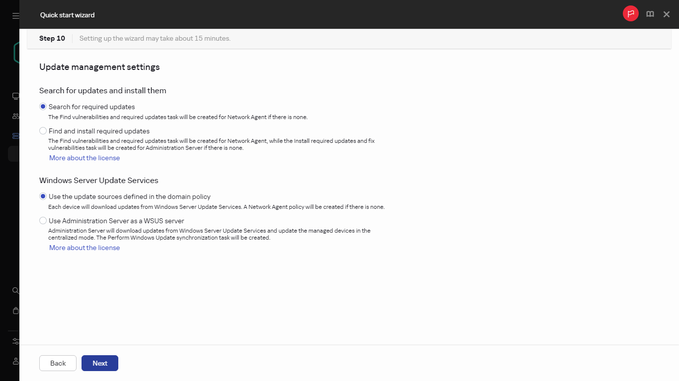 The Update management step of Quick start wizard.