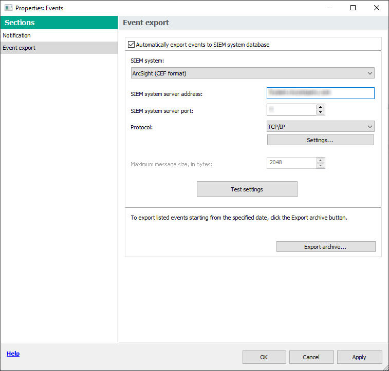 In the Event export section, export settings are specified.