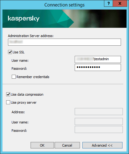 Connection settings are the Server address, User name and Password. Use SSL and Use data compression are checked.