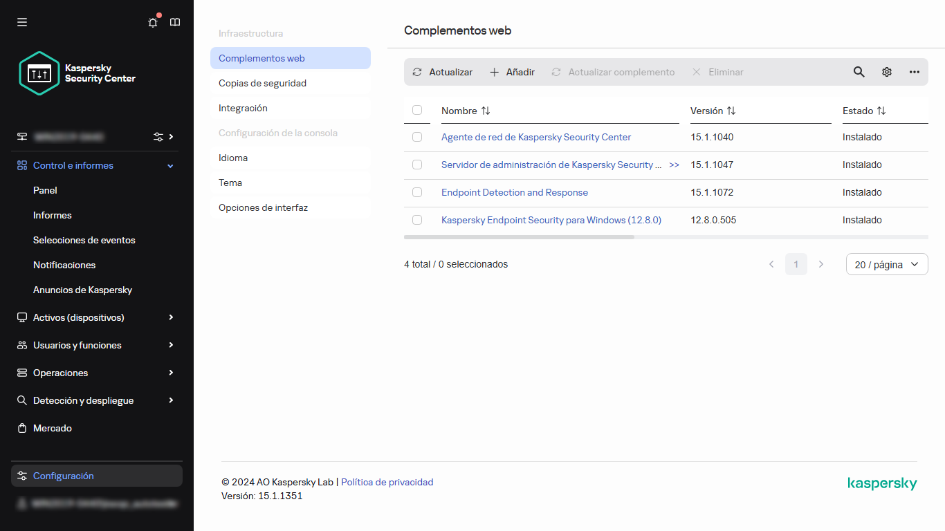 Lista de complementos web en el menú principal.