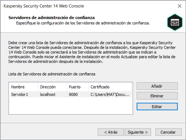 Página de Servidores de Administración de confianza.