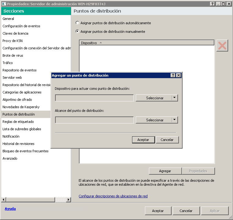 La ventana Propiedades del servidor con la sección Puntos de distribución seleccionada y la ventana para agregar puntos de distribución.