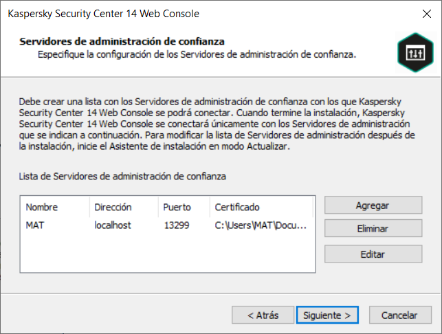 Página de Servidores de Administración de confianza.