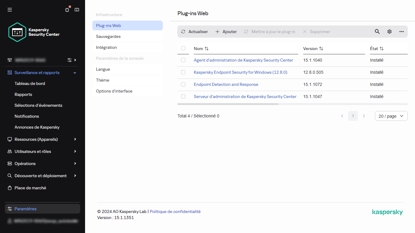 La liste des plug-ins Internet dans le menu principal.